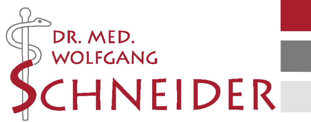 Praxis Logo: Äskulap-Stab mit dem Schriftzug "Dr. Wolfgang Schneider" und drei Balken in dunkelrot, dunkelgrau und hellgrau.